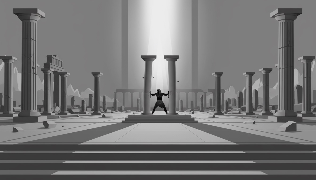 A figure standing between two pillars, holding them apart